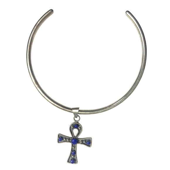 TAXCO Mexico Artisan 925 Egyptian Revival Jewelry - Taxco MX Silver Ankh Necklace Lapis Lazuli Cross Pendant Collar Egyptian 925